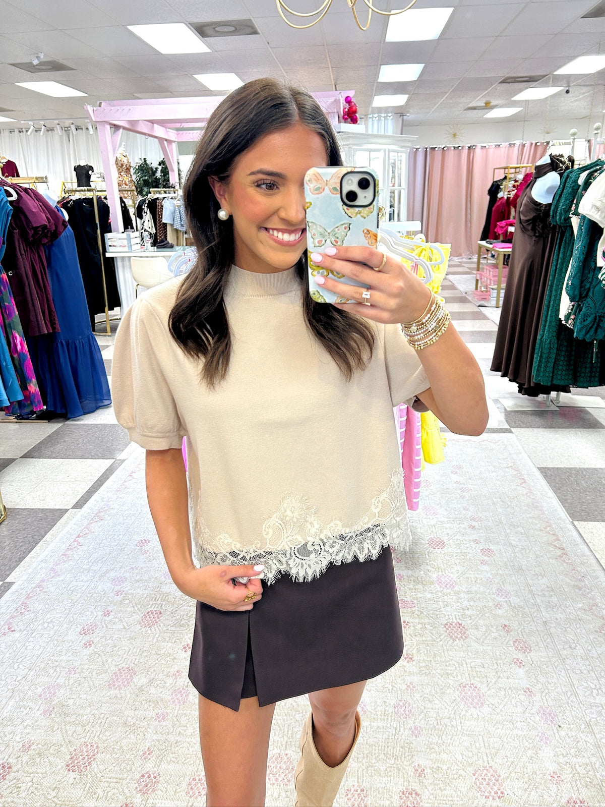 Puff Sleeve Top Lace Hem (Ecru)