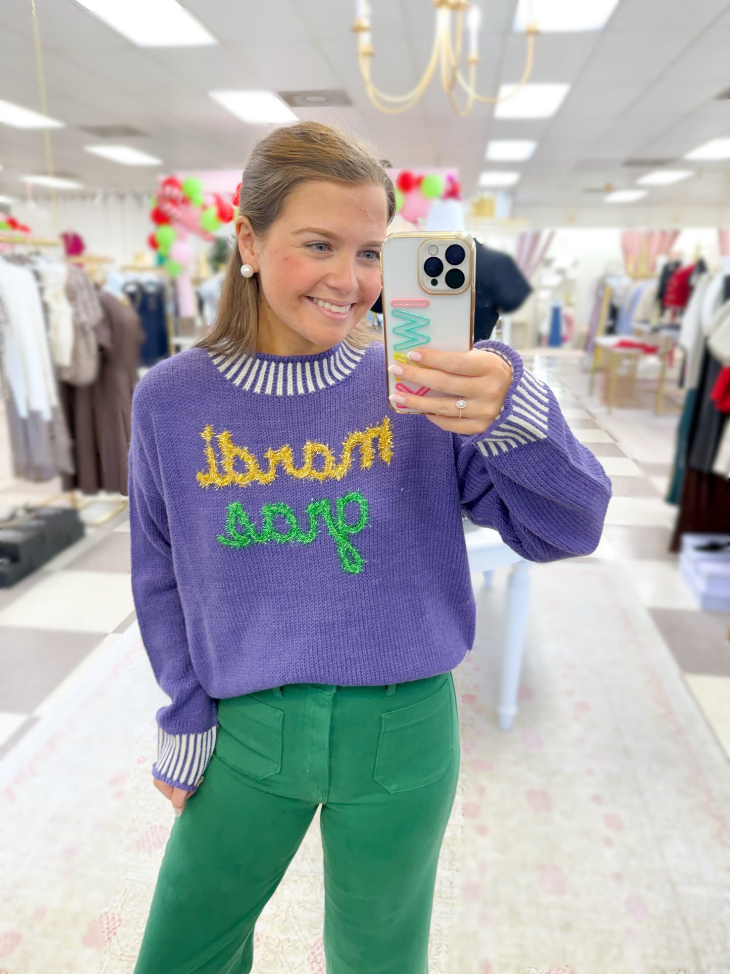 Mardi Gras Tinsel Lettered Sweater