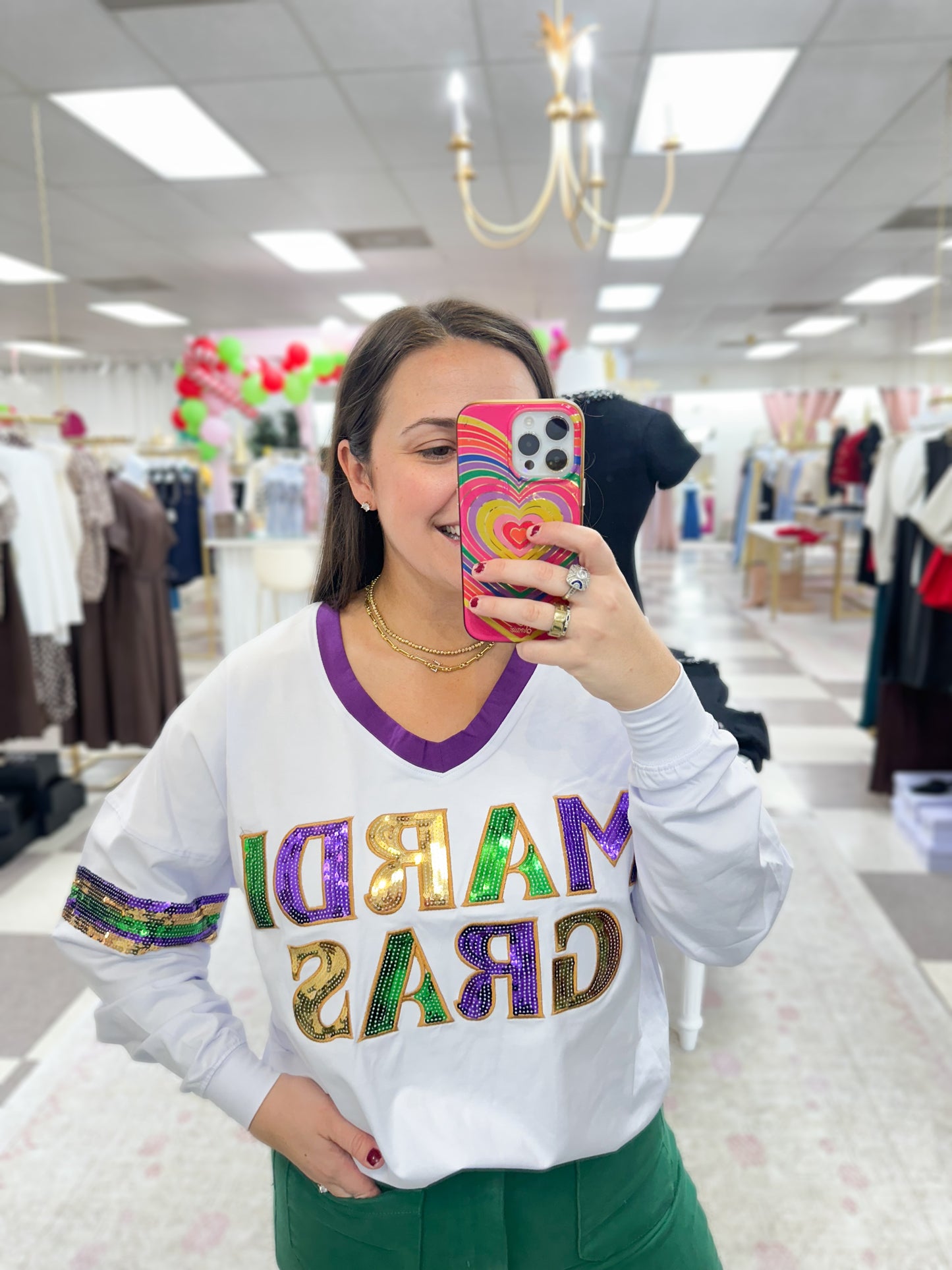 Mardi Gras Sequin with Sequin Stripe Sleeve Top