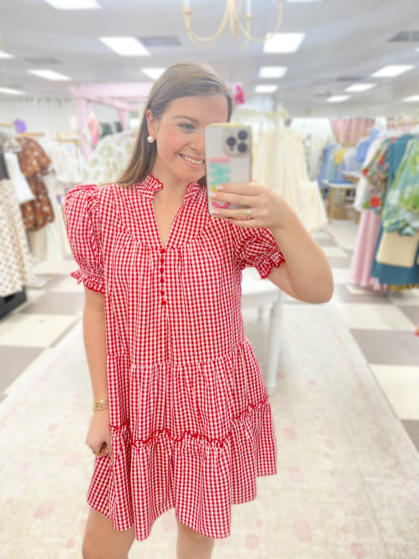 Eleanor Gingham Puff Sleeve Mini Dress (Red)