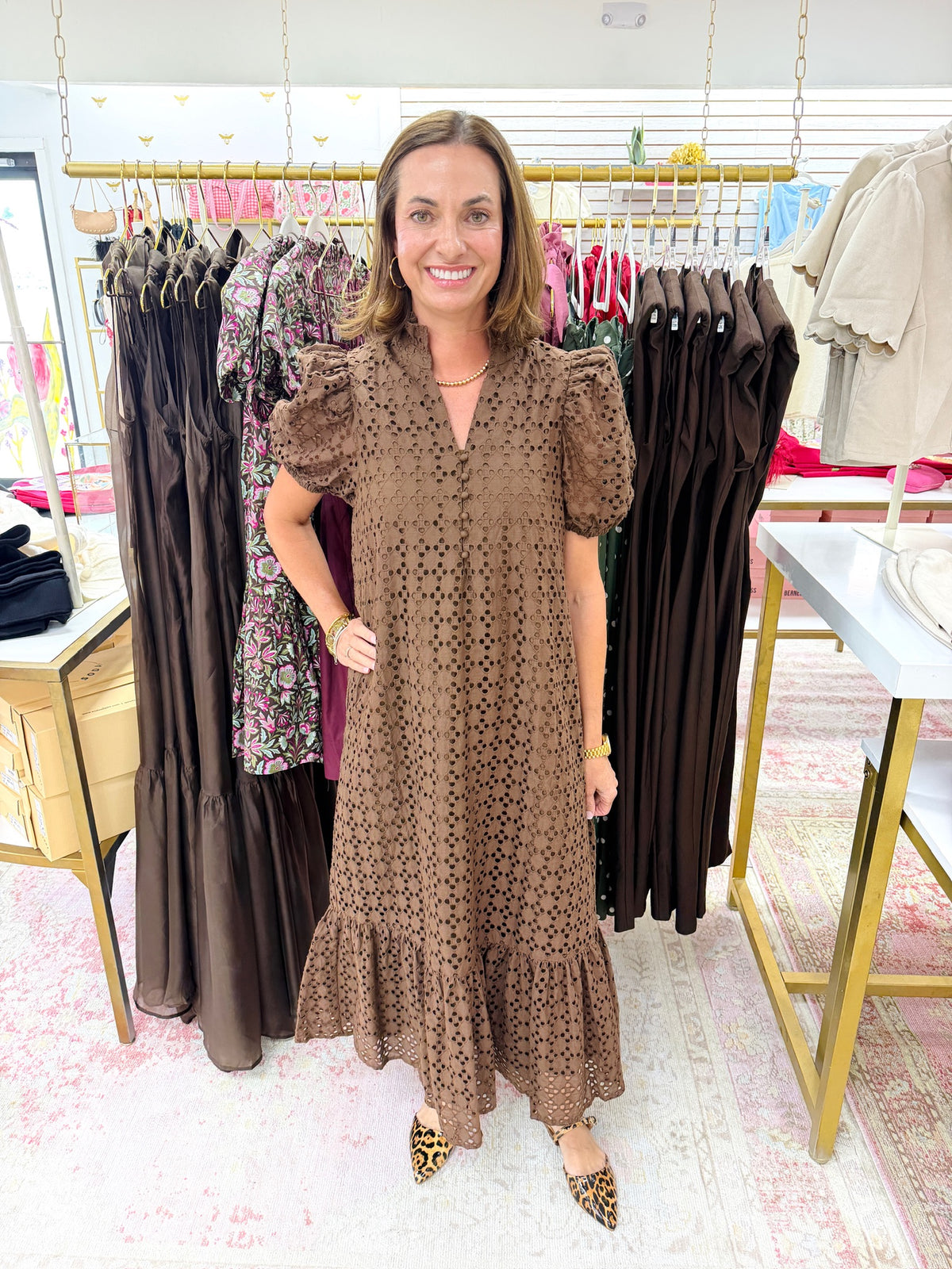 Eyelet Puff Sleeve Midi Dress (Brown)
