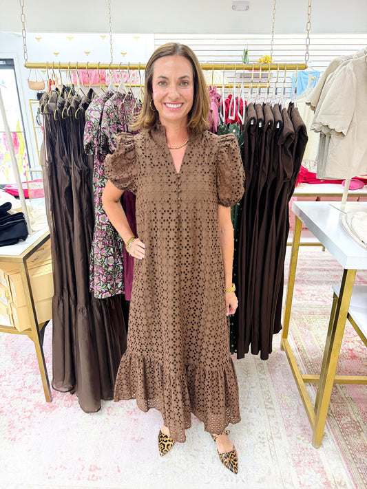 Eyelet Puff Sleeve Midi Dress (Brown)