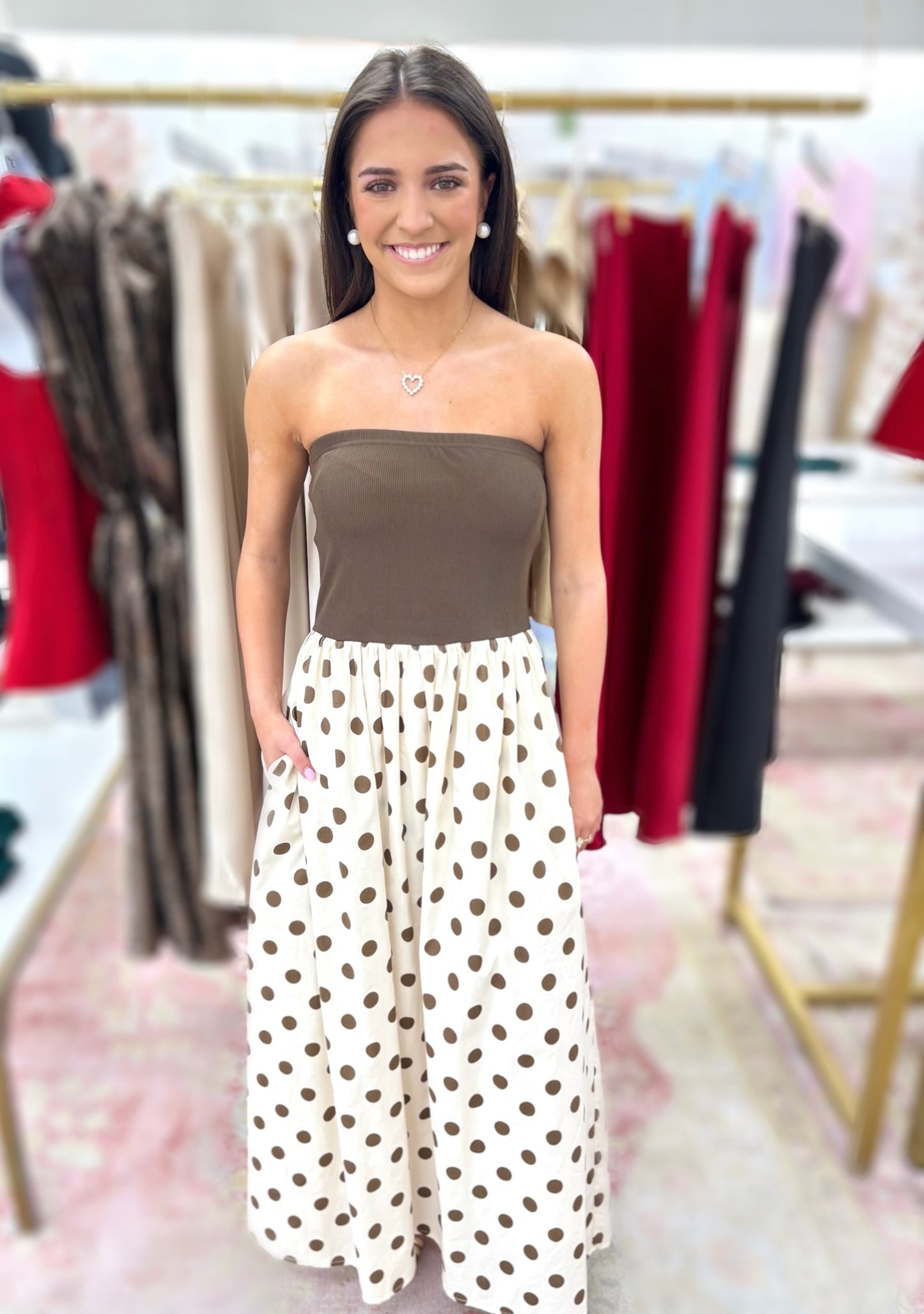 Sydney BROWN/CREAM Strapless Tube Top Polka Dot Dress