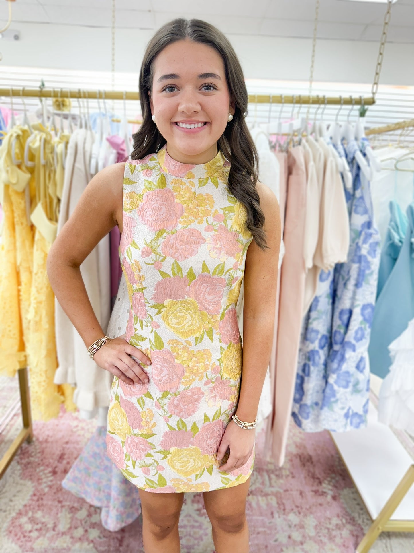 Bridgerton Floral Pk/Yw Sleeveless Mini Dress