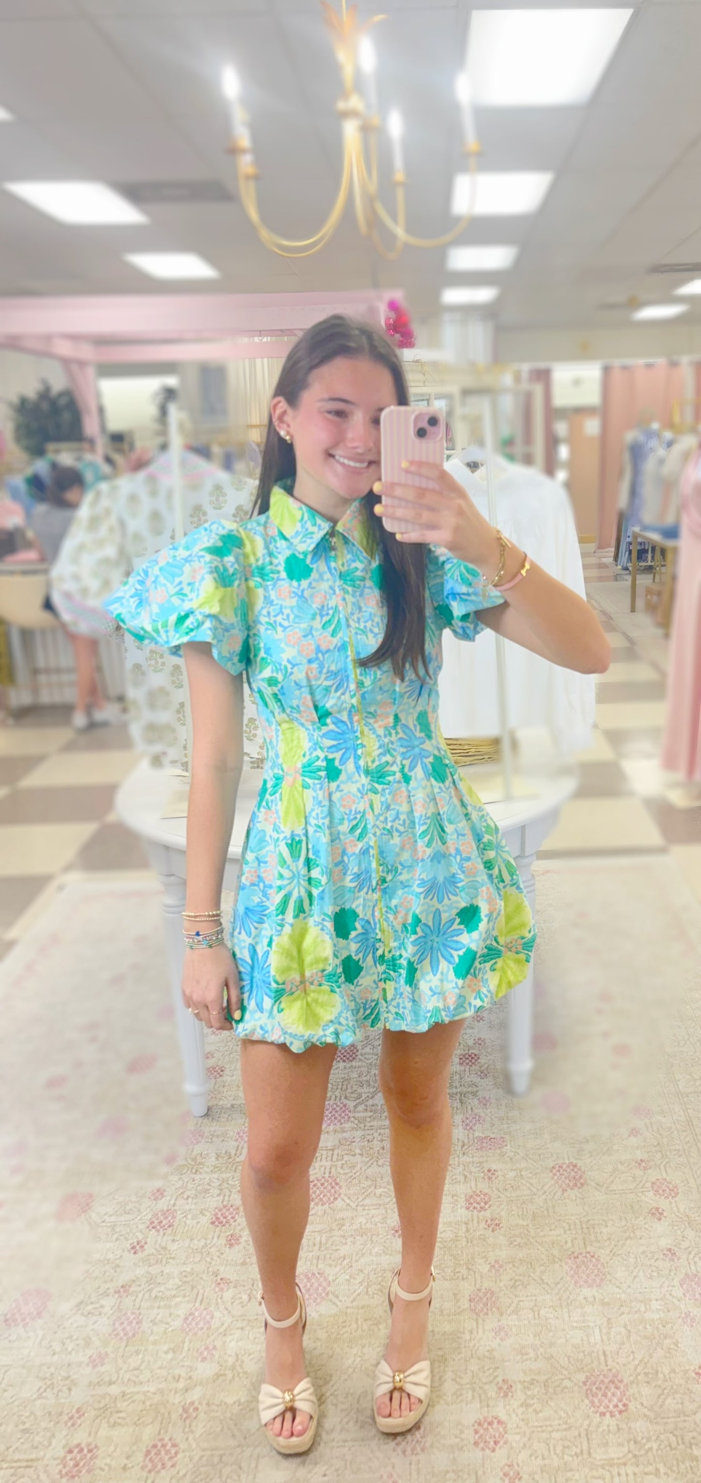 Maui Puff Sleeve Bubble Hem Mini Dress " Blue/Lime"