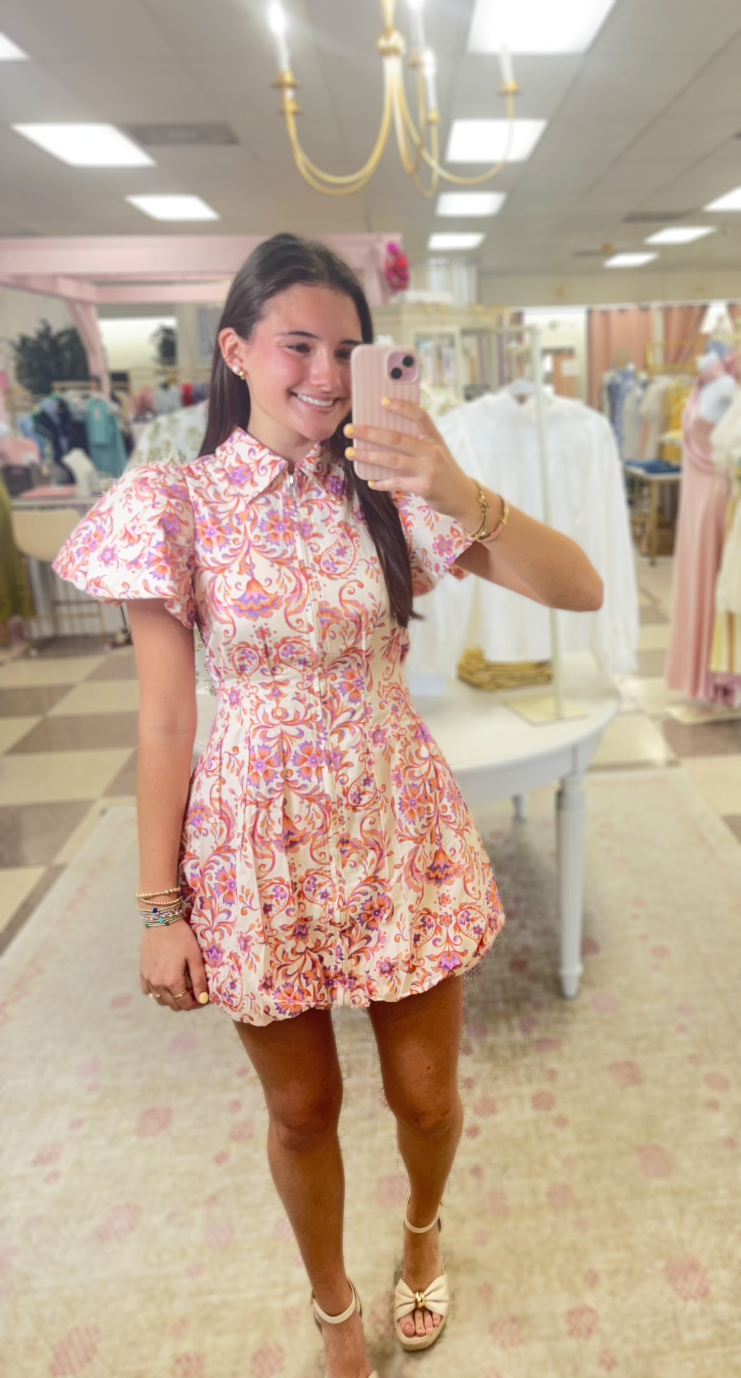 Amy Cream/Apricot Puff Sleeve Bubble Hem Dress