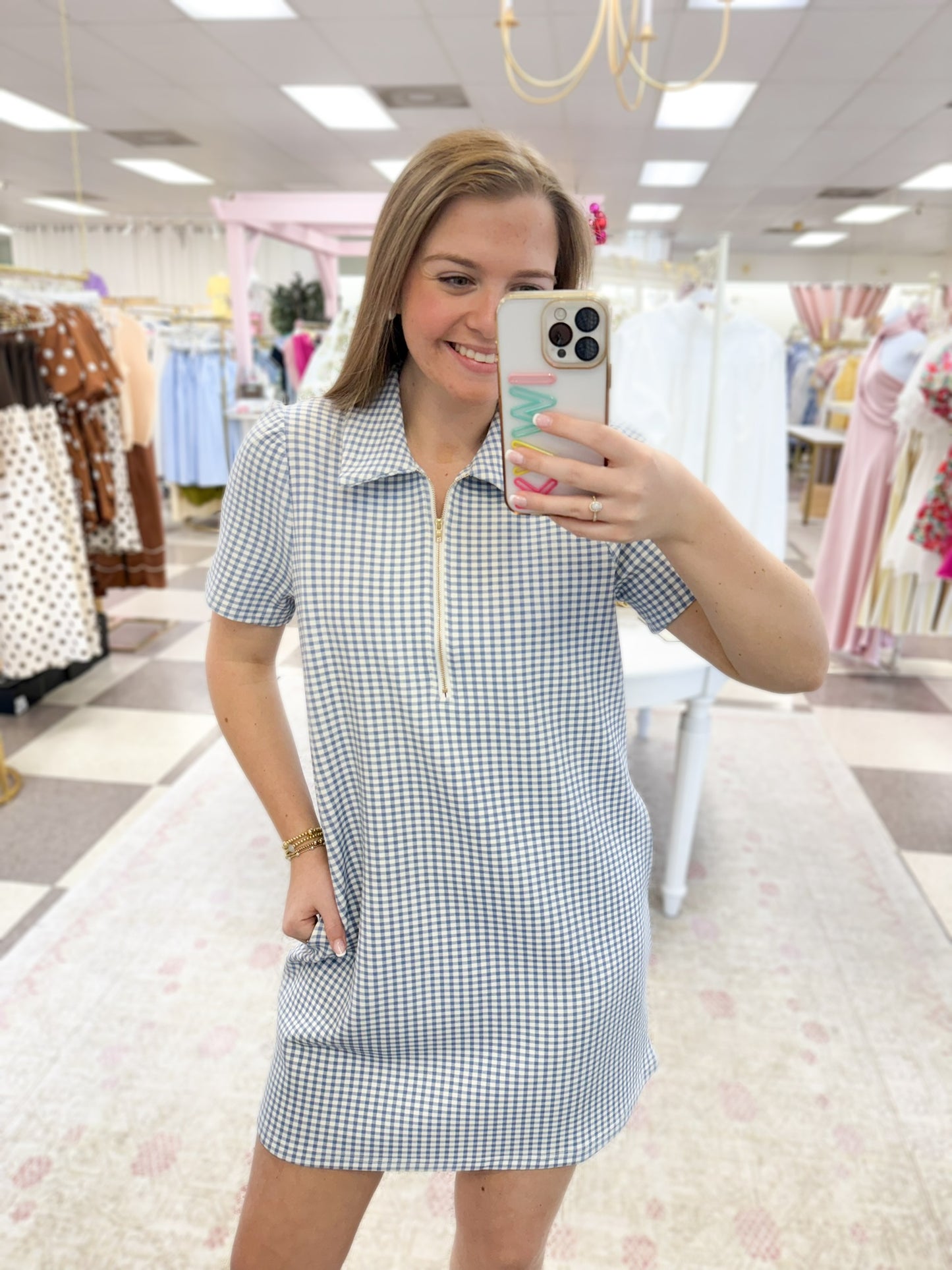 Blue Gingham Zip Up Athletic Dress