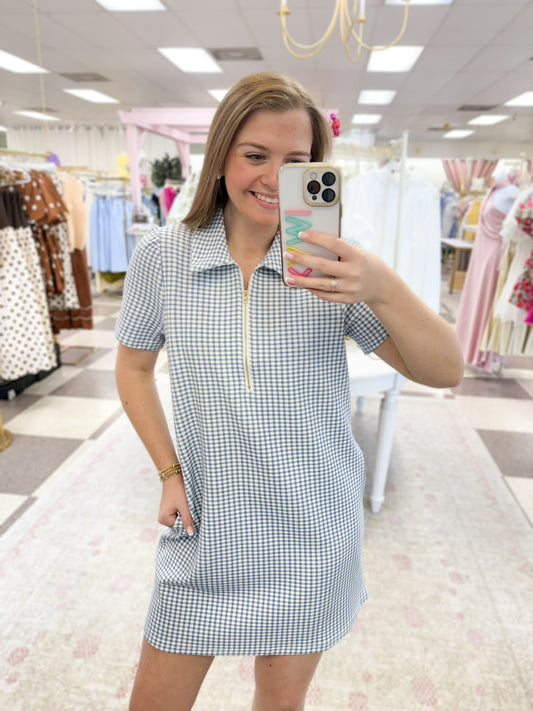 Blue Gingham Zip Up Athletic Dress