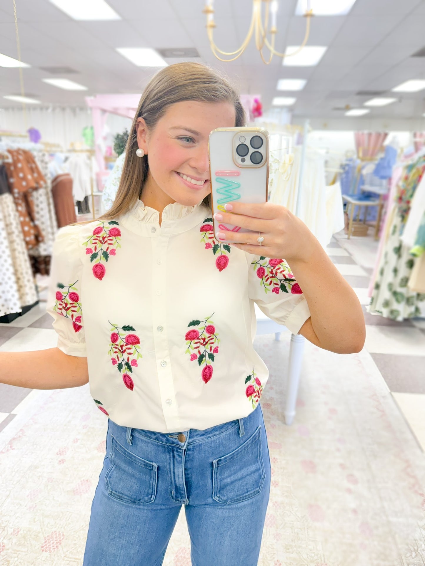 Beatrice Cream Top with Floral Embroidery