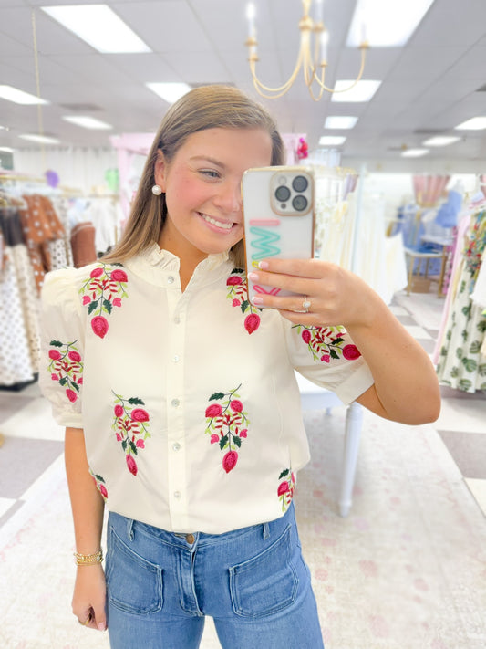 Beatrice Cream Top with Floral Embroidery
