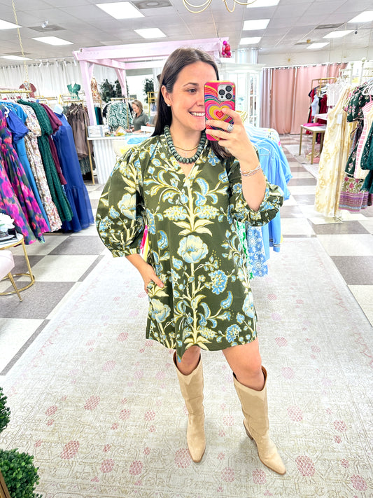 Savannah Olive 3/4 Sleeve Mini Dress