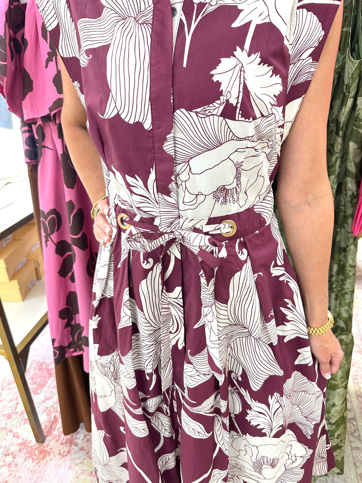 Maroon Floral Tie at Waist Midid Dress