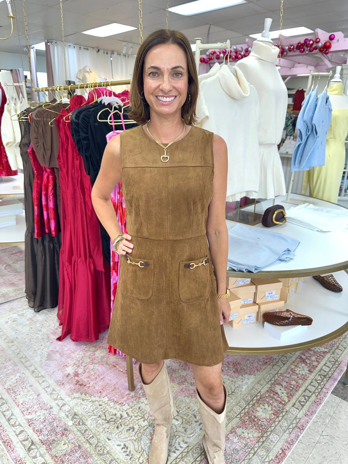 Saddle & Suede Mini Dress ( Brown)