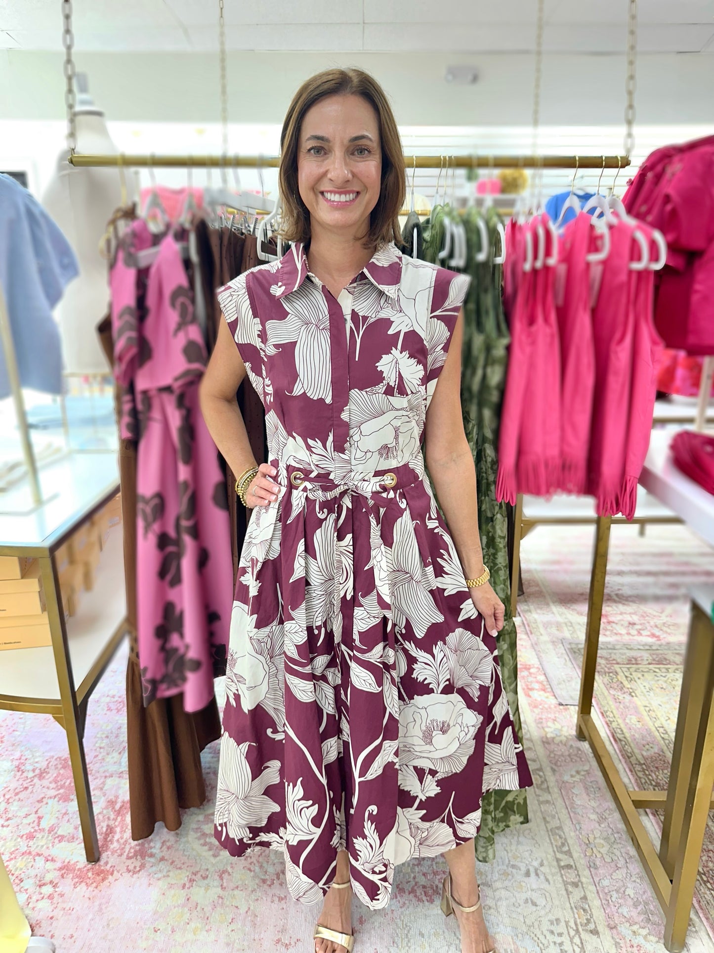 Maroon Floral Tie at Waist Midid Dress