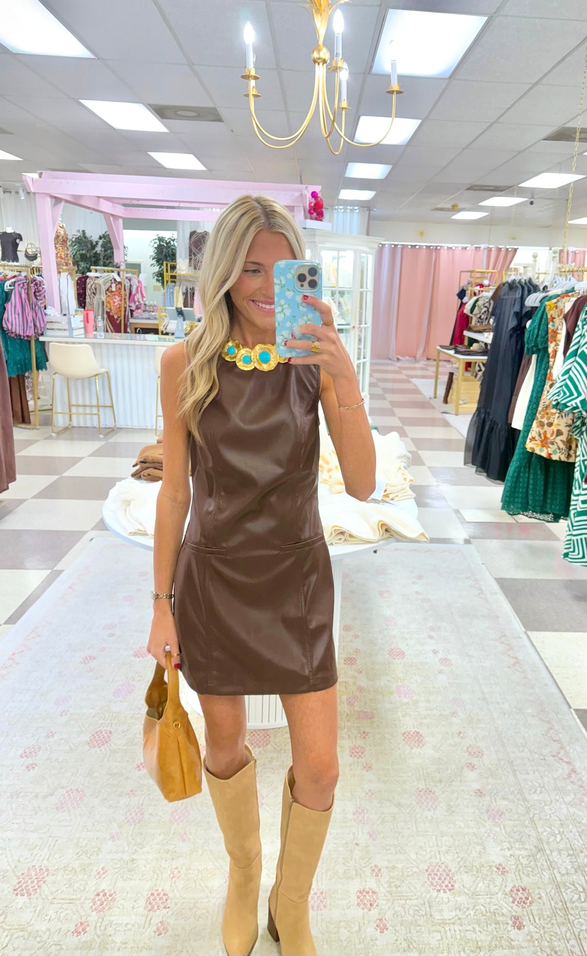Brown Sleeveless Leather Dress