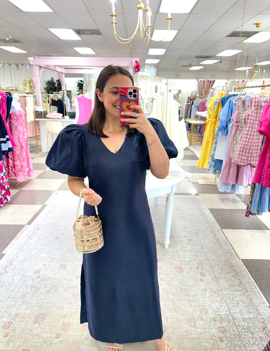 Caroline Navy Puff Sleeve Maxi Dress