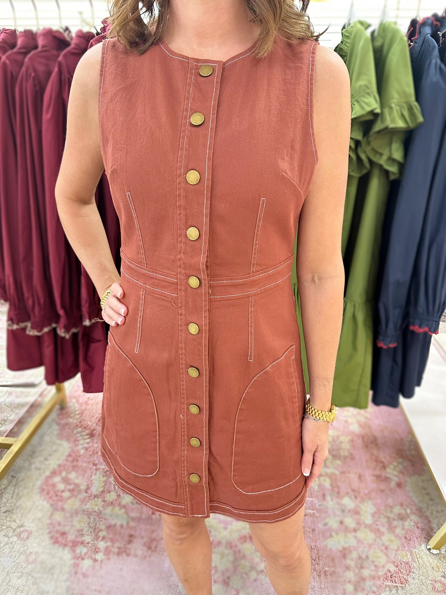 Rust Gold-Buttoned Dress