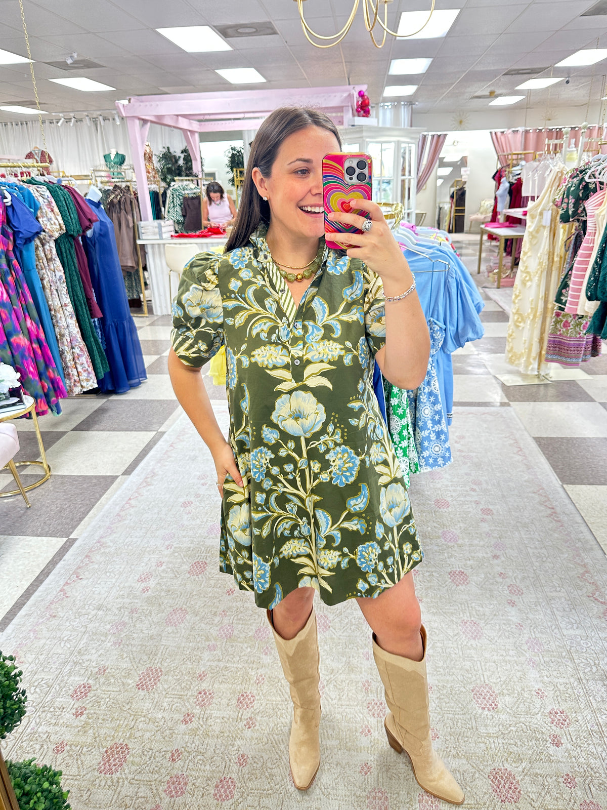 Olive and Blue  Floral Short Sleeve Mini Dress