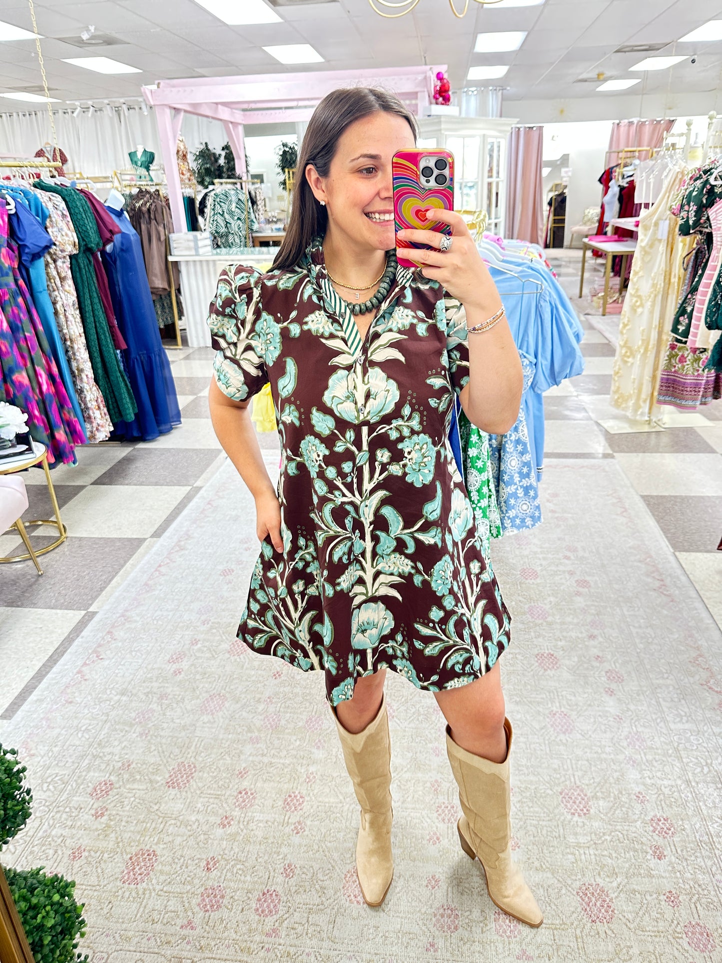 Brown and Blue Floral Short Sleeve Mini Dress