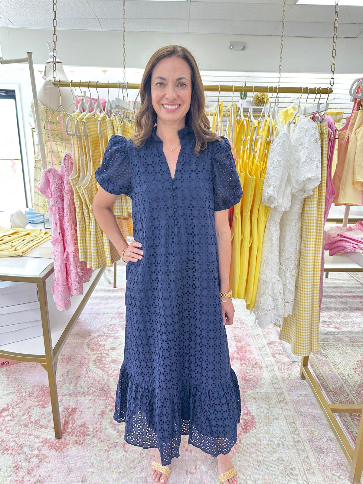 Eyelet Puff Sleeve Midi Dress (Navy)