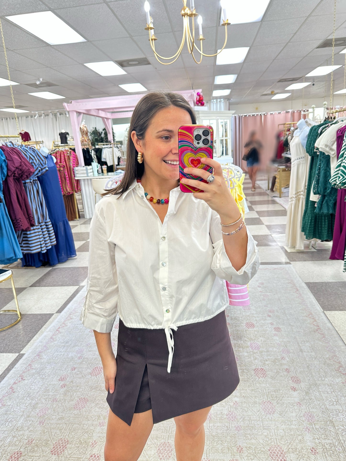 Button Down Drawstring Top (White)