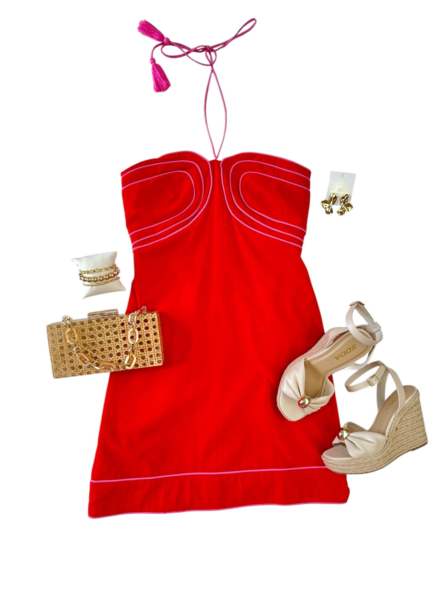 Red with Pink Piping Halter Mini Dress