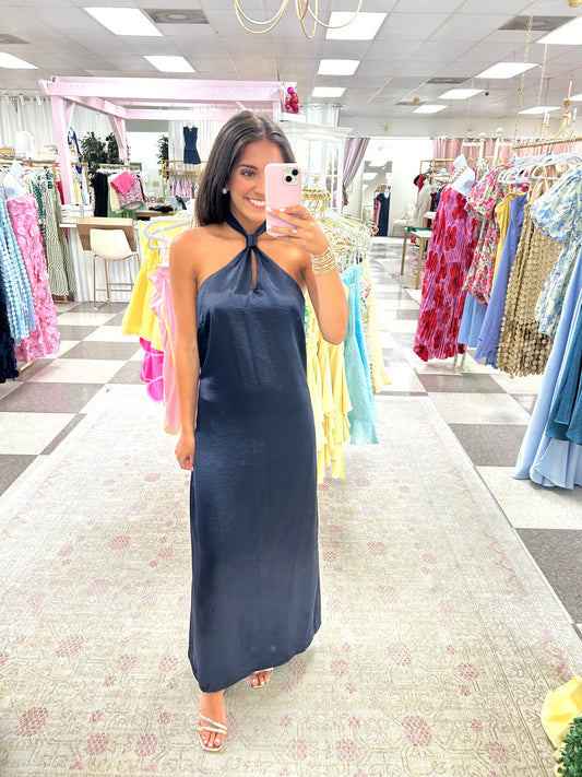 Navy in Paris Satin Midi Dress