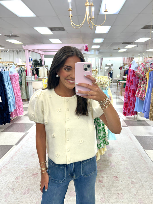 Puff Sleeve Flowers and Pearls Button Down Sweater (Cream)