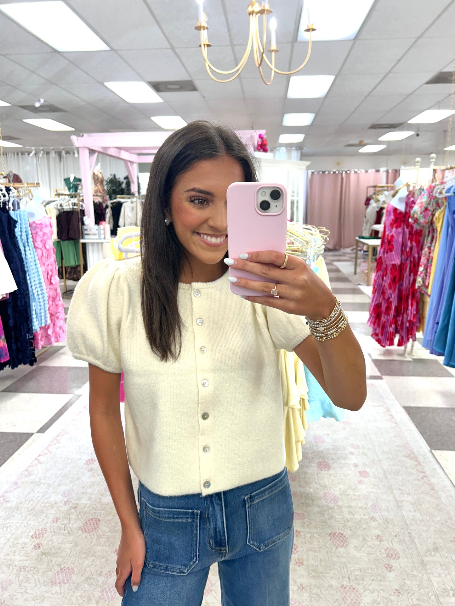 Miller Puff Sleeve Knit Button Up Top (Cream)
