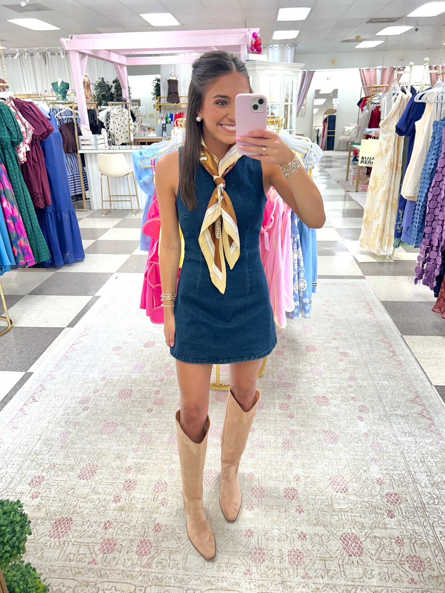 Round Neck Denim Mini Dress (Dark Denim)