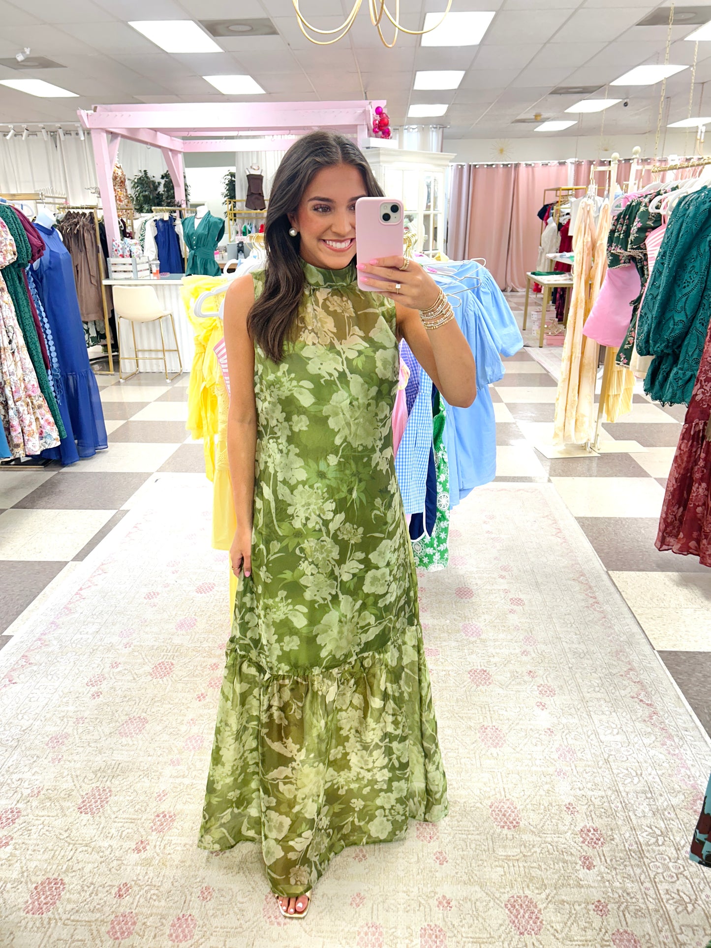 Elle Olive Floral Organza Midi Dress