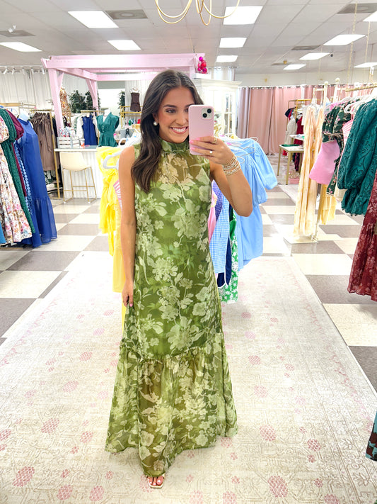 Elle Olive Floral Organza Midi Dress