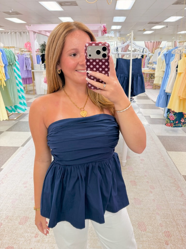 Strapless Pleated Peplum Top (Navy)