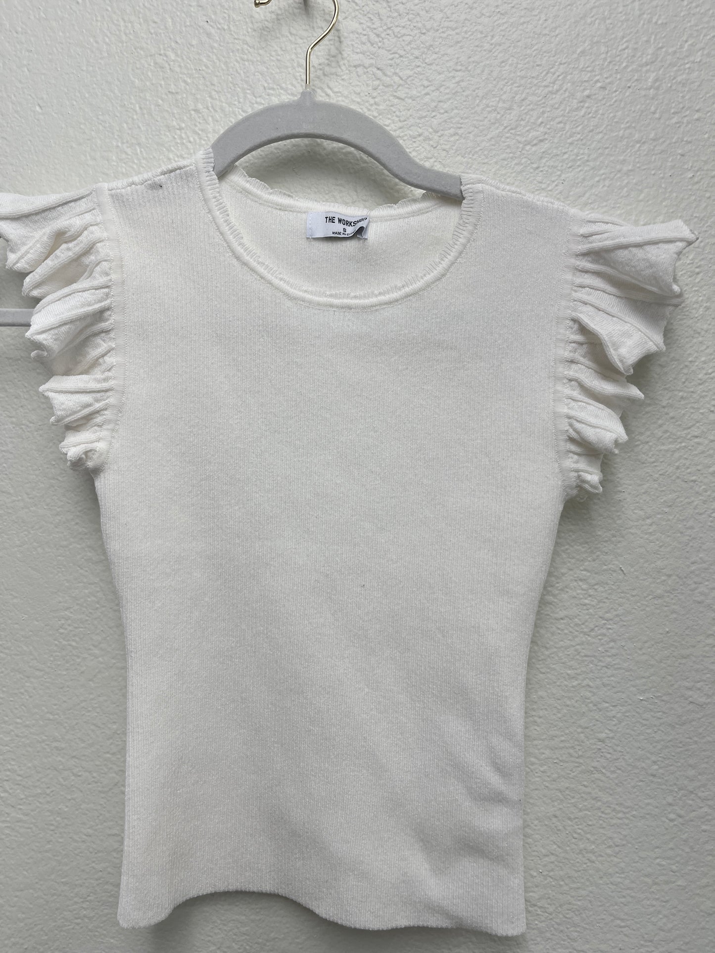 Ellie Ribbed Knit Top Ruffle Sleeve (White)