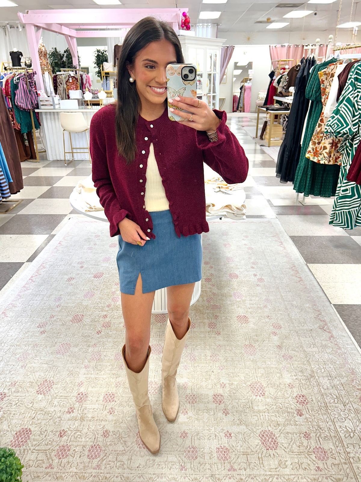 Eloise Ruffle Cardigan (Wine)