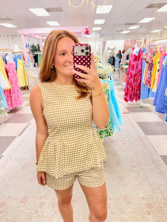 Gingham Peplum Top (Tan)