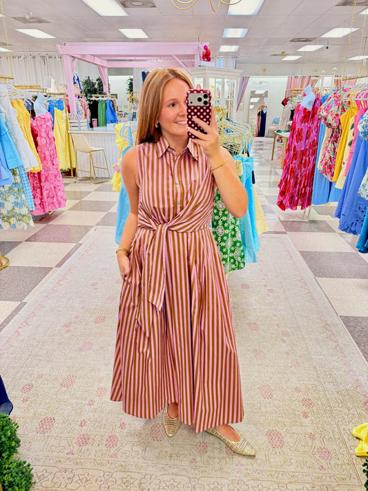 Kendall Stripe Midi Dress (Pink/Camel)