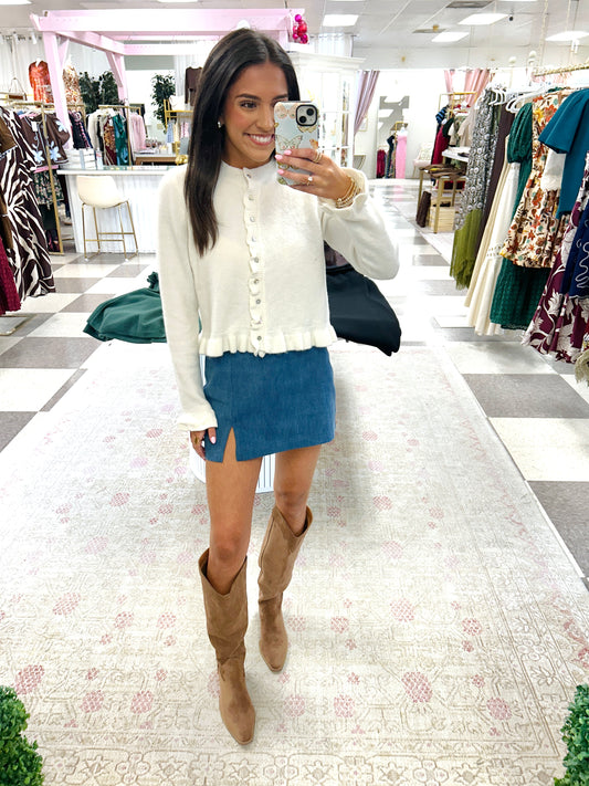 Eloise Ruffle Cardigan (Ivory)
