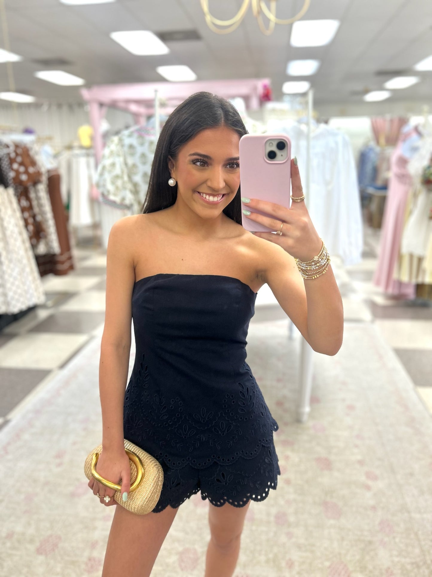 Lucille Navy Embroidered Strapless Top and Shorts Set