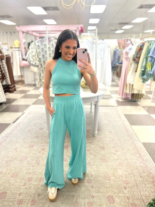 Rhyan Ribbed Halter Tank and Pants Set (Aqua)