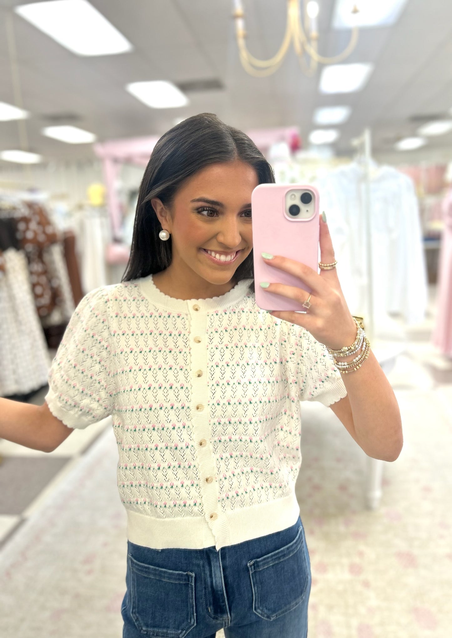 Marley Ditsy Pink/Green Floral White Short Sleeve Cardigan