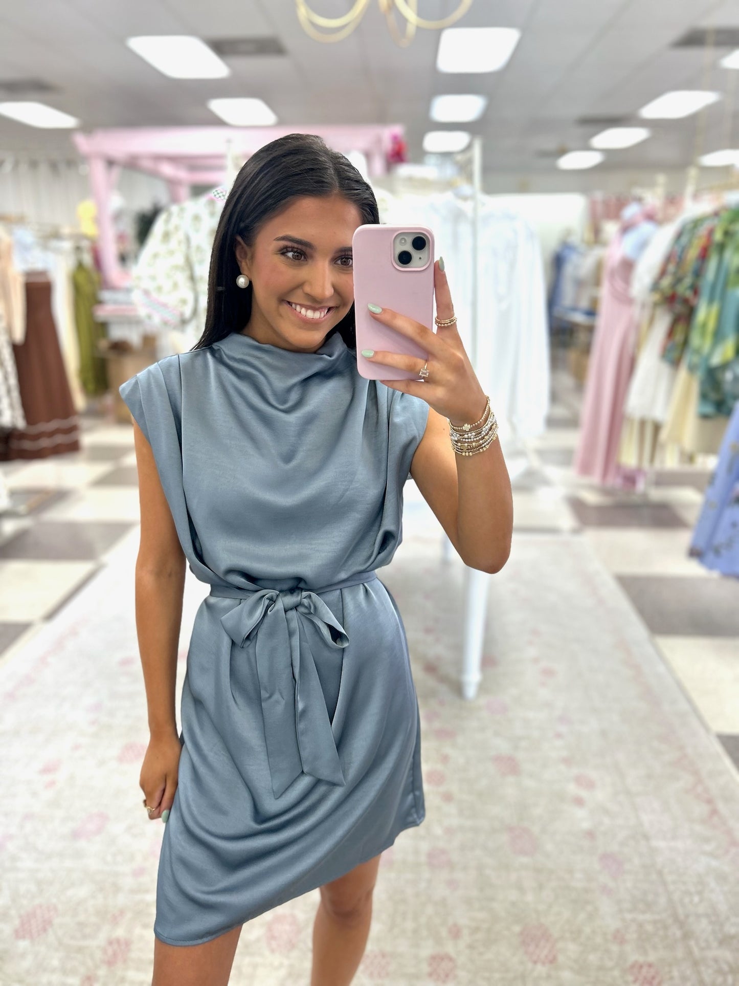 Slate Blue Silk Tie at Waist Short Dress