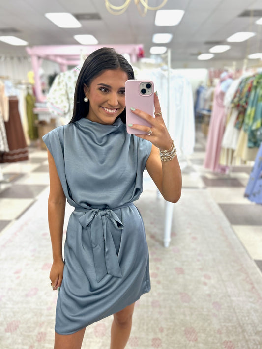 Slate Blue Silk Tie at Waist Short Dress