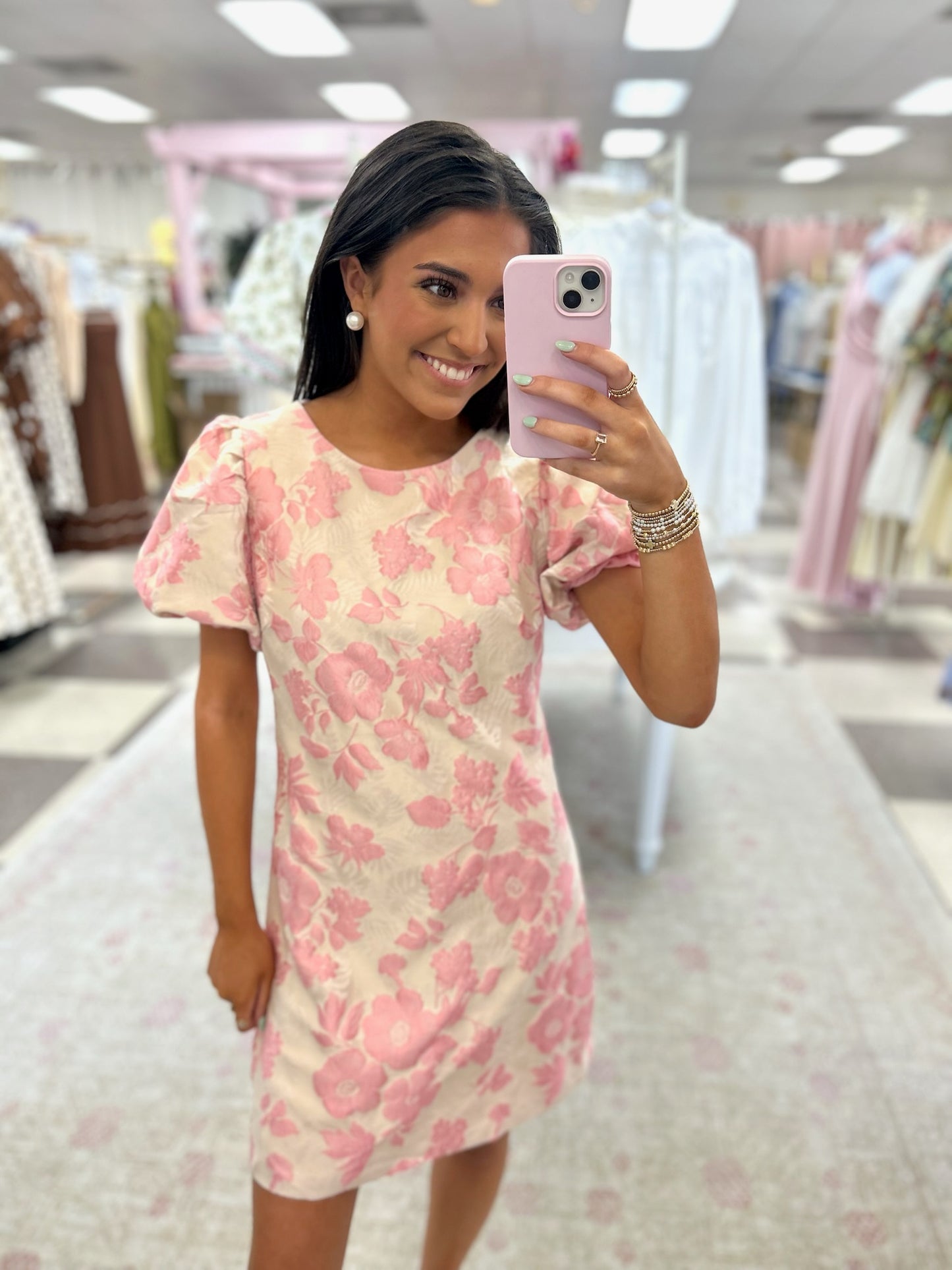 Cherie Brocade Floral Print Mini Dress "Pink/Cream"