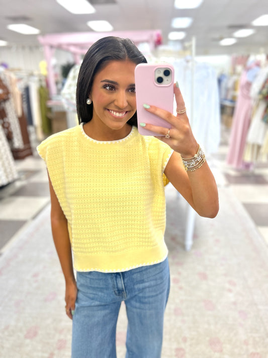 Pastel Yellow W/White Trim Sweater Top