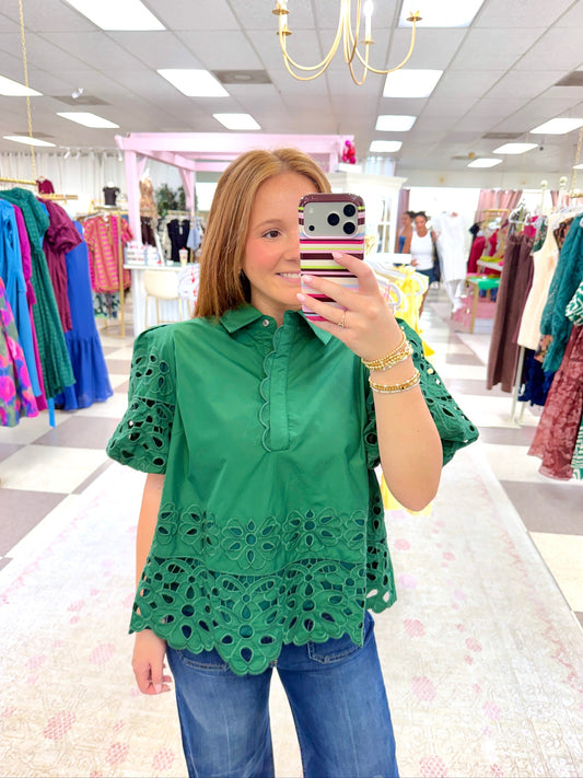 Evergreen Eyelet Puff Sleeve Top