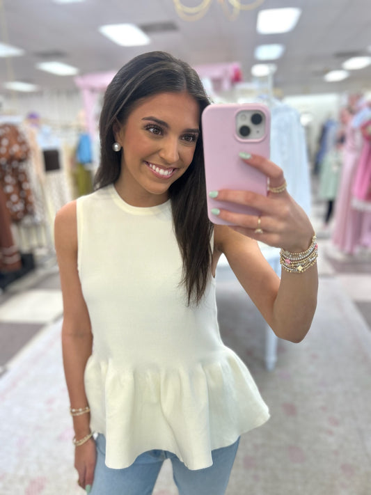 Betsy Knit Peplum Tank Top (White)