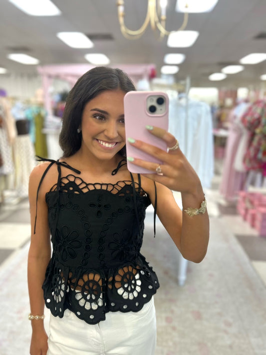 Kameryn Eyelet Tie Strap Peplum Top (Black)