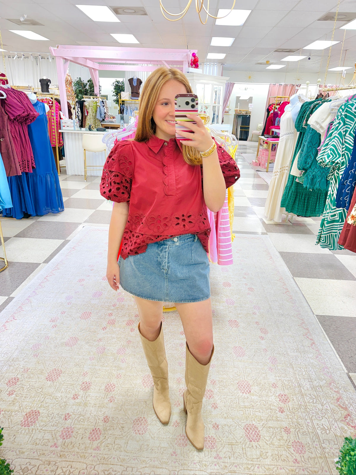 Burgundy Eyelet Puff Sleeve Top