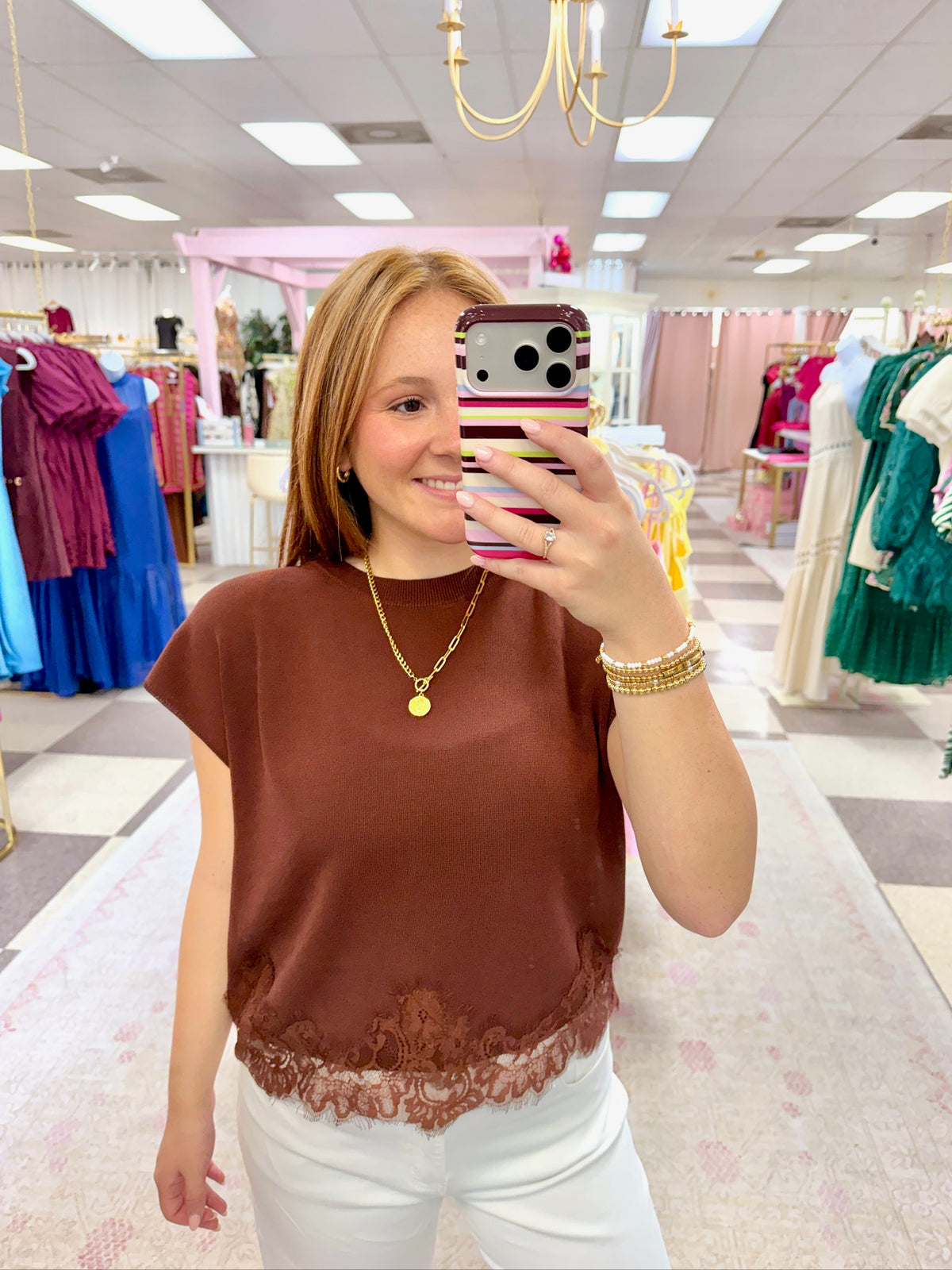 Celia Lace Trim Top (Brown)